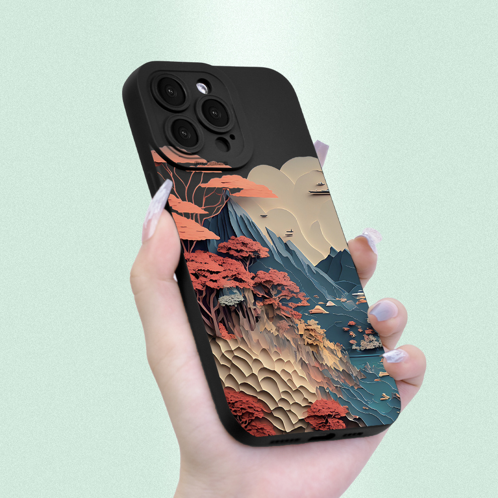 

Landscape Pattern Print Black Silicone Protective Phone Case For 11 12 13 14 15 Promax Xs Xr X 7 8 Plus Se 2022 13 Mini Cover