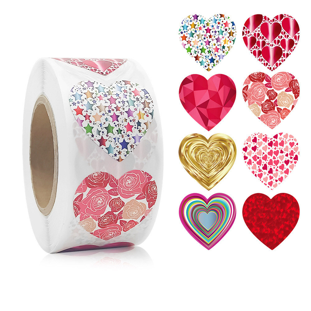 Valentines Glitter Red Heart Stickers - 1.5 Heart Decorative Labels 500 per Roll, Valentine's Day Love Decorations for Wedding, Anniversaries