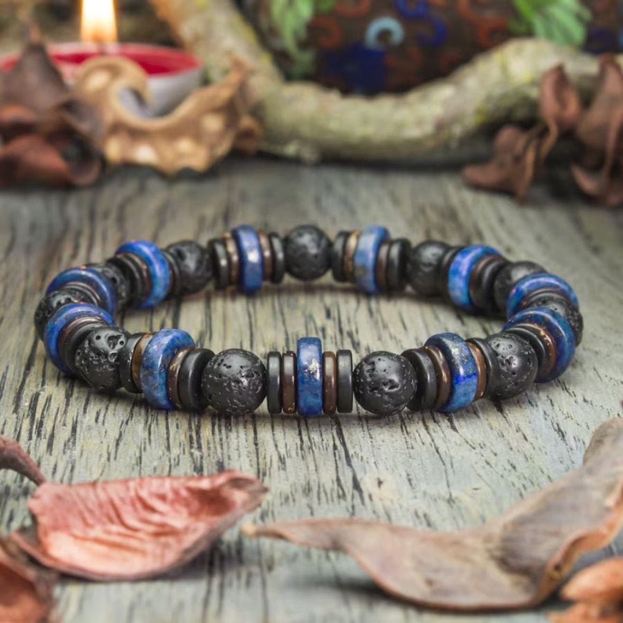 

1pc Men's Bracelet, Natural Stone Beads Hand Accessories, Lapis Lazuli Volcanic Lava Coconut Wood/coconut Jewelry