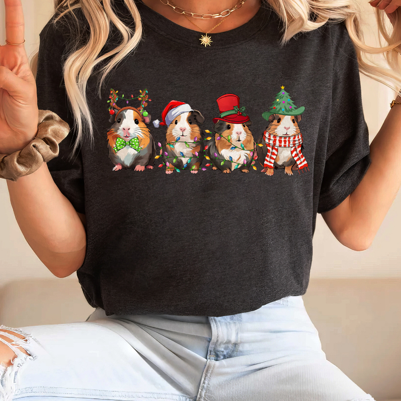 

Christmas Hamster Print T-shirt, Short Sleeve Crew Neck Casual Top For Summer & Spring, Women's Clothing