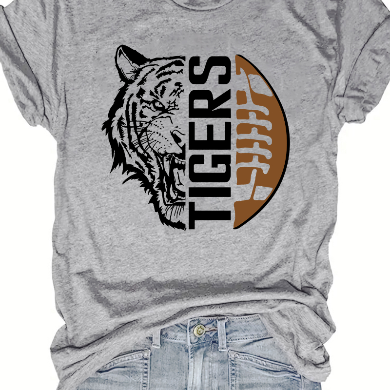 

Football & Tiger Graphic Print T-shirt, Short Sleeve Crew Neck Casual Top For Summer & Spring, Women's Clothing
