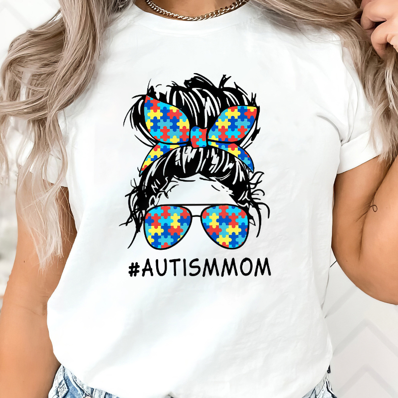 

Autism Mom Print T-shirt, Short Sleeve Crew Neck Casual Top For Summer & Spring, Women's Clothing