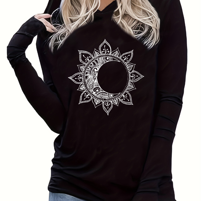 

Floral Graphic Print Hooded T-shirt, Casual Long Sleeve Top For Spring & Fall, Women's Clothing