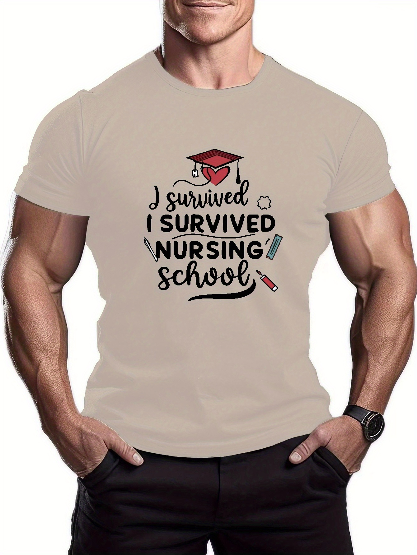I Survived Nursing School' Print Tees For Men, Casual Crew Neck Short  Sleeve T-Shirt, Comfortable Breathable T-shirt For Summer