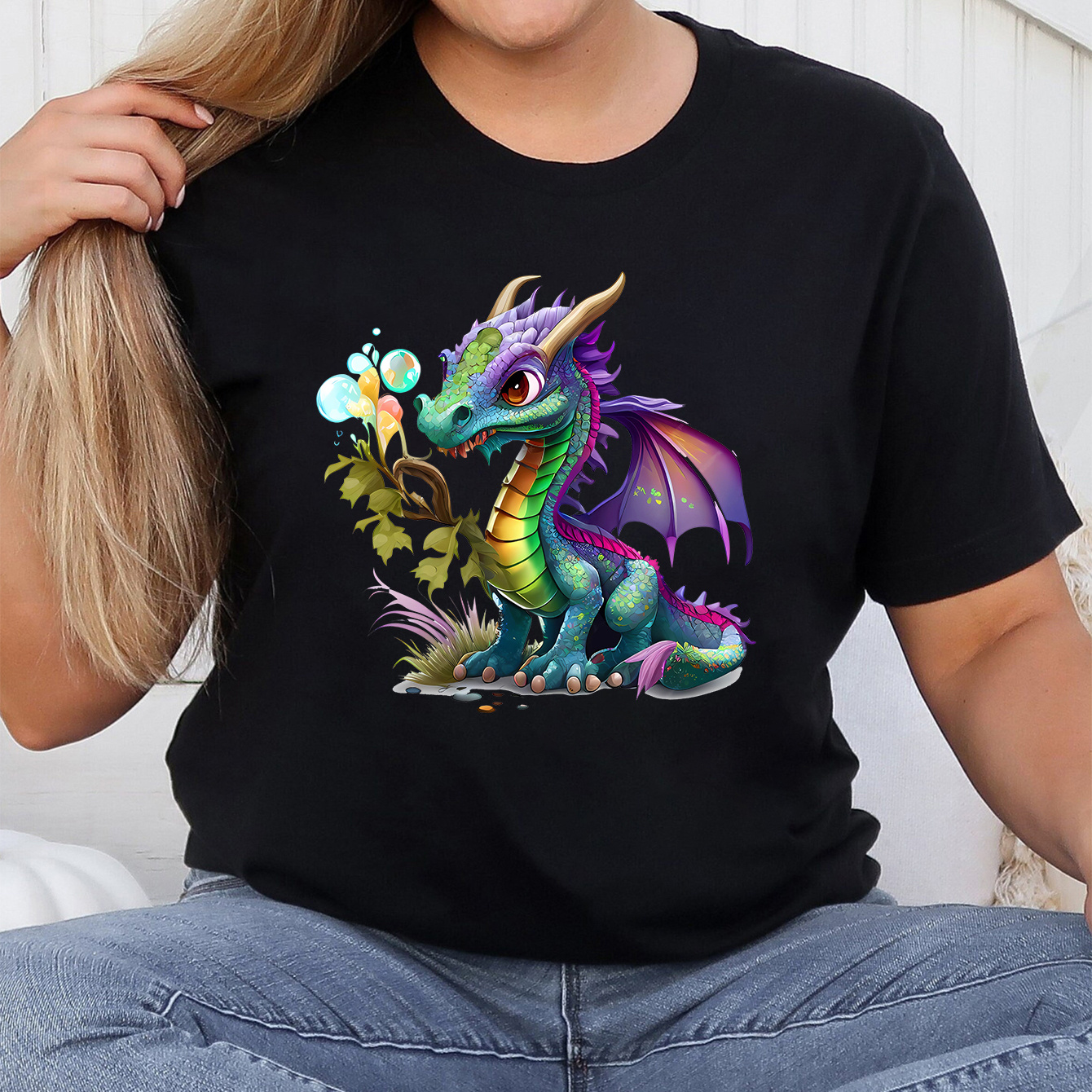 

Plus Size Cartoon Dragon Print T-shirt, Casual Crew Neck Short Sleeve T-shirt, Women's Plus Size clothing