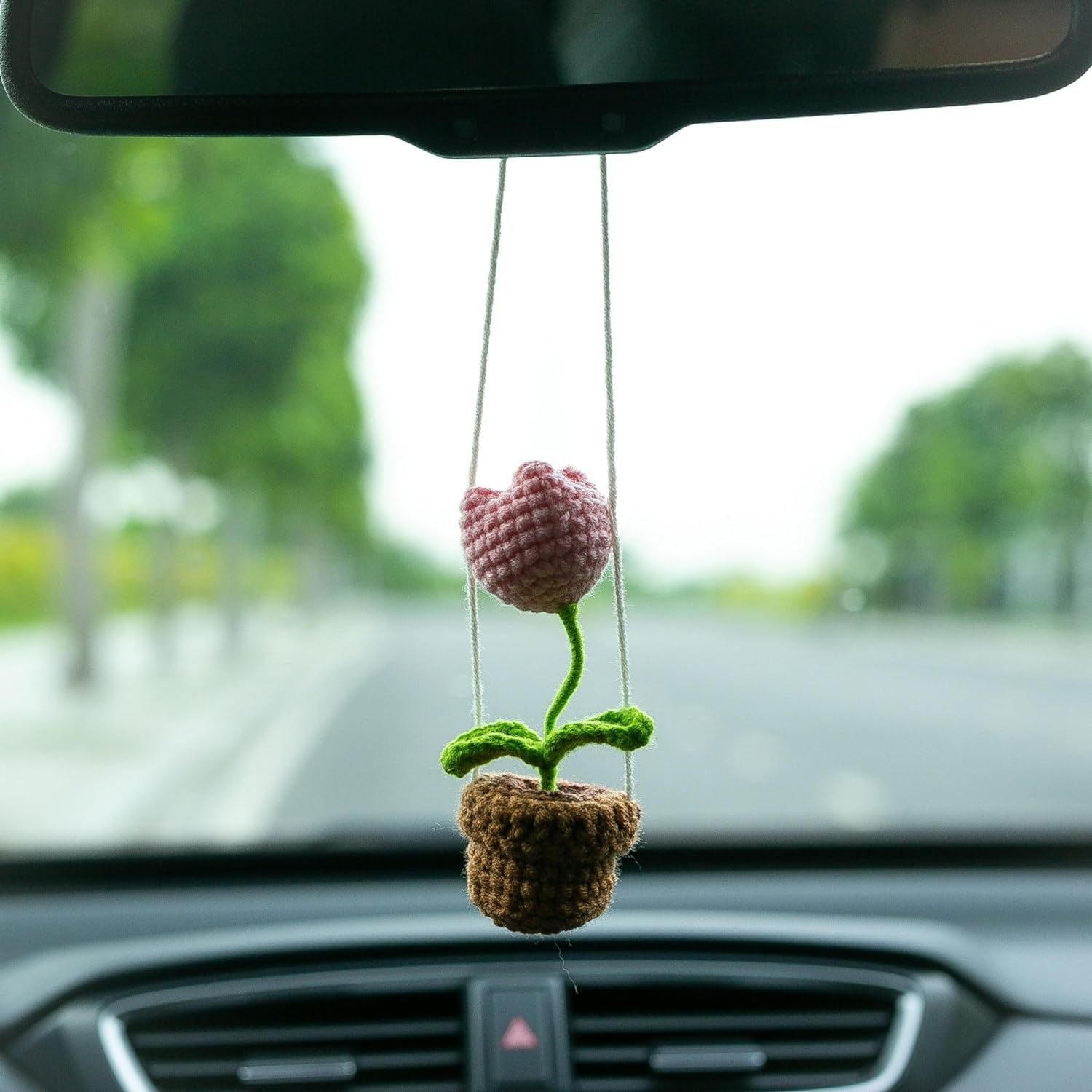 Tulip Handmade Crochet Car Ornament, Potted Flower, Boho Basket Knitted  Rear View Mirror Accessories, Woven Rearview Hanging Charm Home Decor