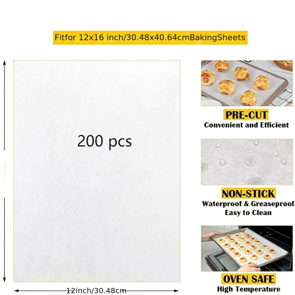 200 Pack Precut Parchment Paper for Baking, 12 x 16 Unbleached