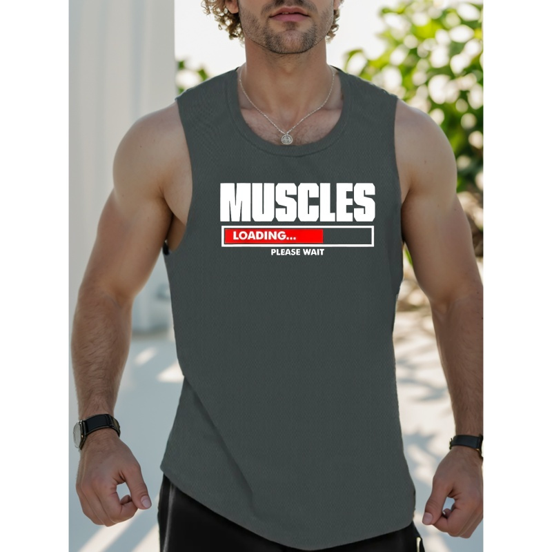 

Muscles Loading Print, Men's Trendy Tank Top, Casual Slightly Stretch Breathable Sleeveless Shirt For Outdoor