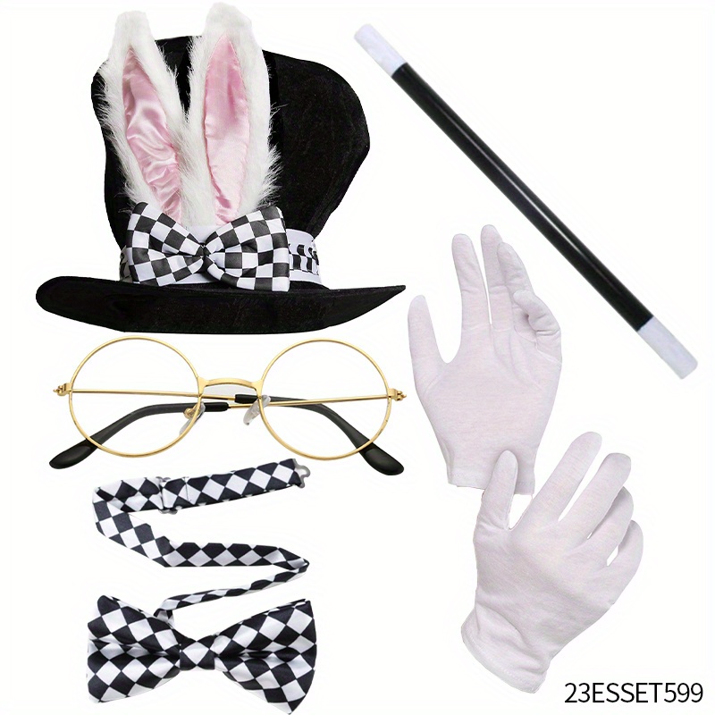 Disfraz de conejo blanco, orejas de conejo, pajarita, guantes blancos a  rayas y medias a cuadros, juego de pasadores de conejo para Pascua,  Halloween