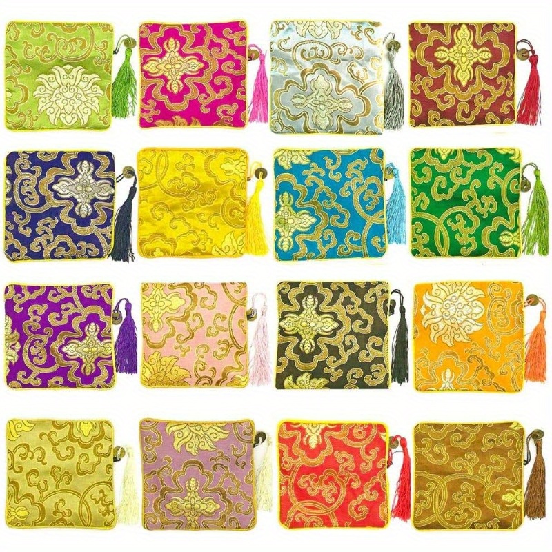 

8pcs Random Styles Colors Traditional Brocade Bags, Embroidered Dragon Pattern Elegant Upscale Tassel Wallet Zipper Jewelry Bags