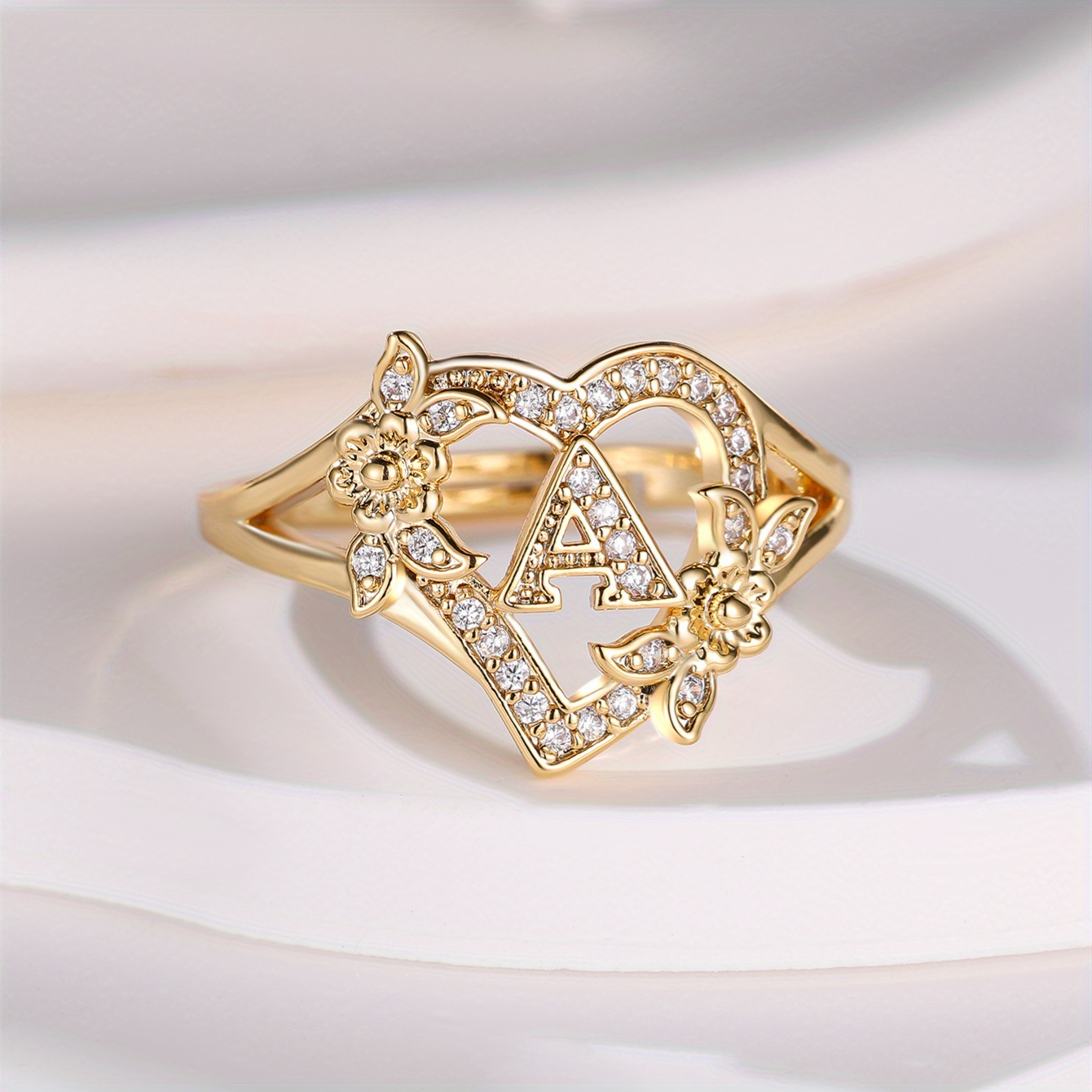 Image of Exquisite And Sparkling Zirconia Flower Letter Rings, Adjustable Size , Wear, Parties, And As Gifts