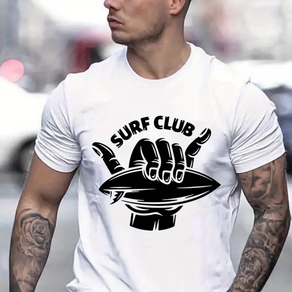 

Crew Neck Surf Club Print Men's Fashionable Summer Short Sleeve Sports T-shirt, Comfortable And Versatile