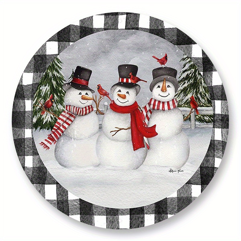 

1pc 8x8inch Aluminum Metal Sign Black And White Plaid Snowmen Family Circle Shaped Christmas Wreath Sign