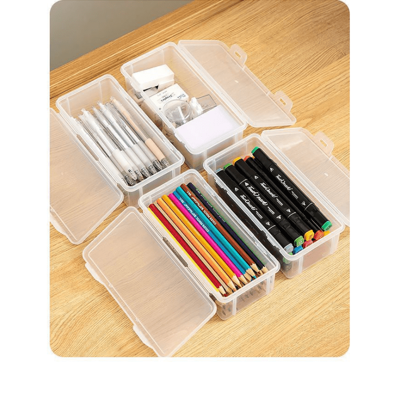 Paquete de 2 cajas de plástico transparente, caja de lápices pequeños de  plástico con tapas, pequeña caja de suministro modular para suministros de