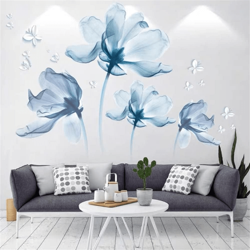 

4 Flowers Blue Flower Wall Decals Stickers, Peel And Stick Flower Wall Sticker Diy Floral Wall Art For Bedroom Living Room Classroom Office Eid Al-adha Mubarak