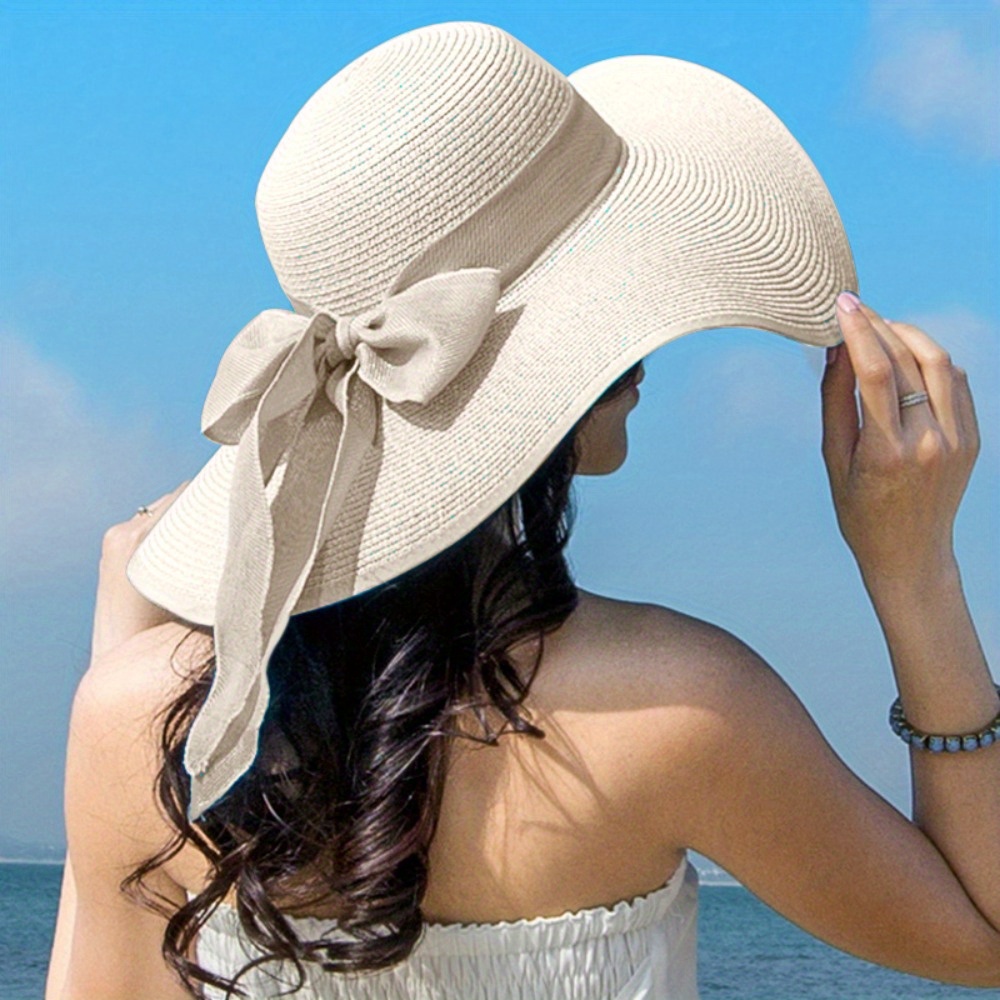 Elegant Wide Brim Hats Foldable Bowknot Straw Hat Solid - Temu