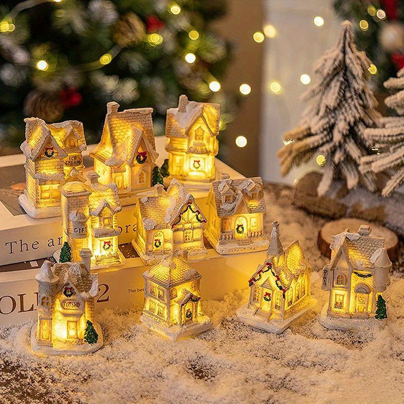 Mini maison de village de Noël en résine avec LED, ornements miniatures,  bâtiments de collection, cadeau