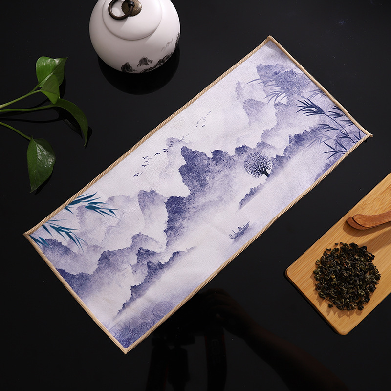 1/2pcs, Tea Mat, Chinese Style Suede Velvet Painted Tea Mat, Thickened Absorbent Tea Cloth Heat Insulation Pad, , Room Decor