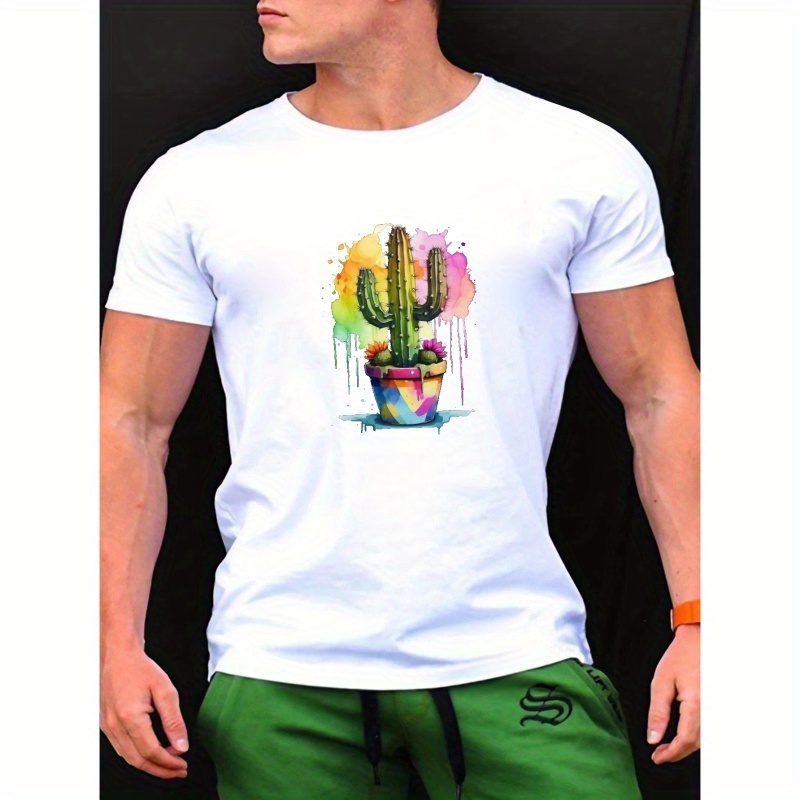 

Watercolor Saguaro Print T-shirt For Men, Stylish Short Sleeve Top, Men's Clothing