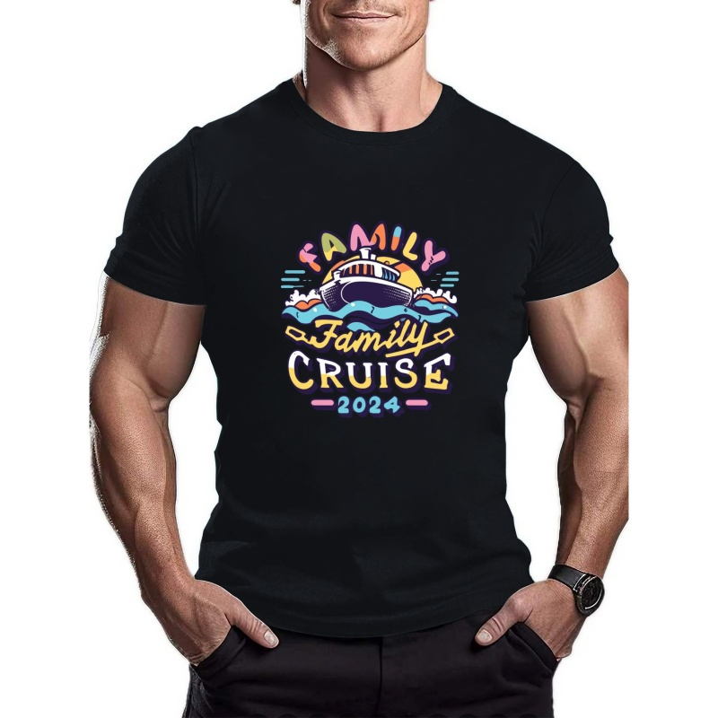 

Family Cruise Print, Men's Trendy Comfy T-shirt, Active Slightly Stretch Breathable Top For Outdoor