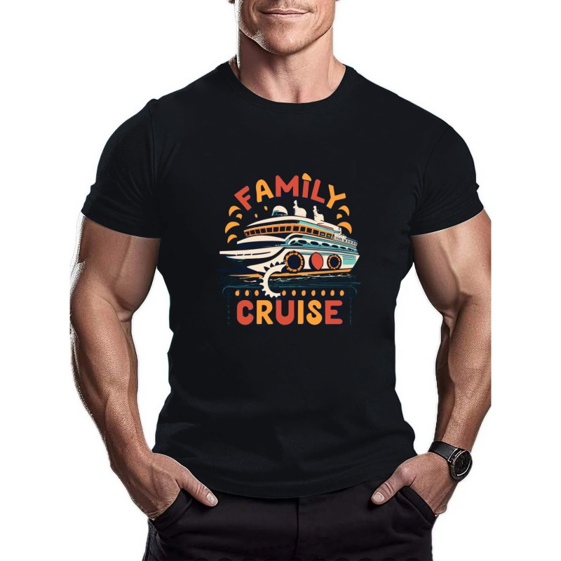

Family Cruise Print, Men's Trendy Comfy T-shirt, Active Slightly Stretch Breathable Top For Outdoor