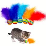 1pc Cat Toy Ball, Soft EVA Foam With Feathers Colorful Rainbow Toy Ball, Interactive Kitten Cats Quiet Indoor Outdoor Play Activity Chase Training Supply