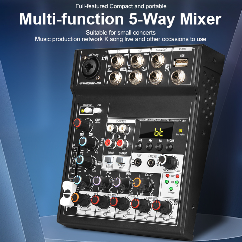 5 Core U4 Portable Mini Mixer 4 Channel Audio DJ Console with Sound Card, USB, 48V Phantom Power for PC Recording MX 4CH