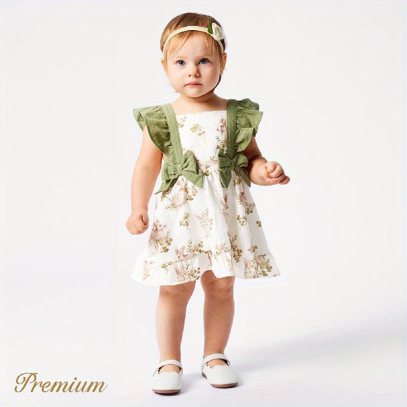 

Patpat Baby Girl 100% Cotton Bow Front Ruffle Trim Casual Dress