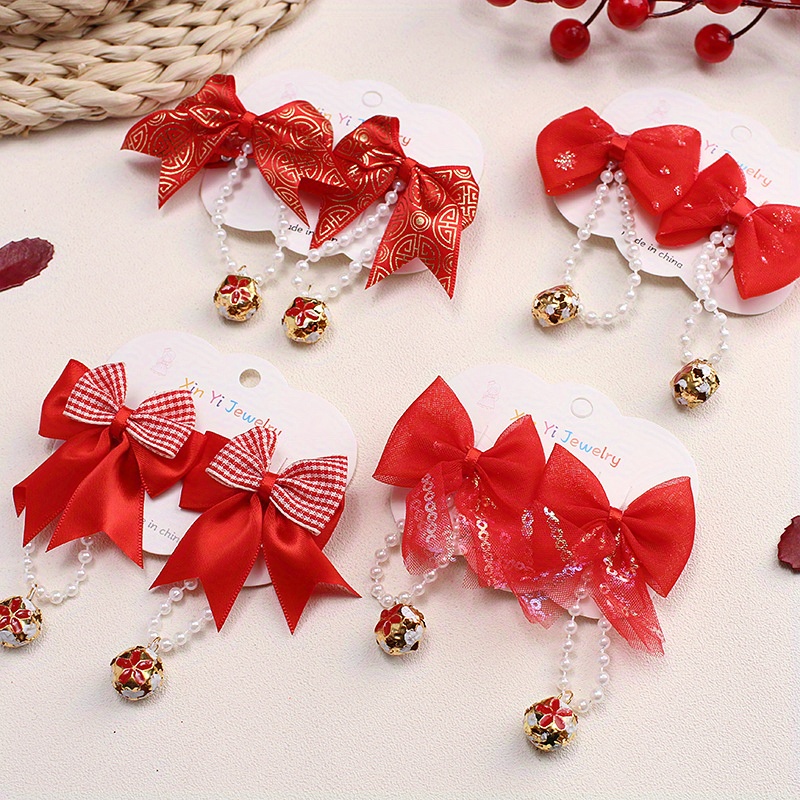 Girls Cute Red Headdress Hair Clip Bow Glitter Tassel - Temu Canada