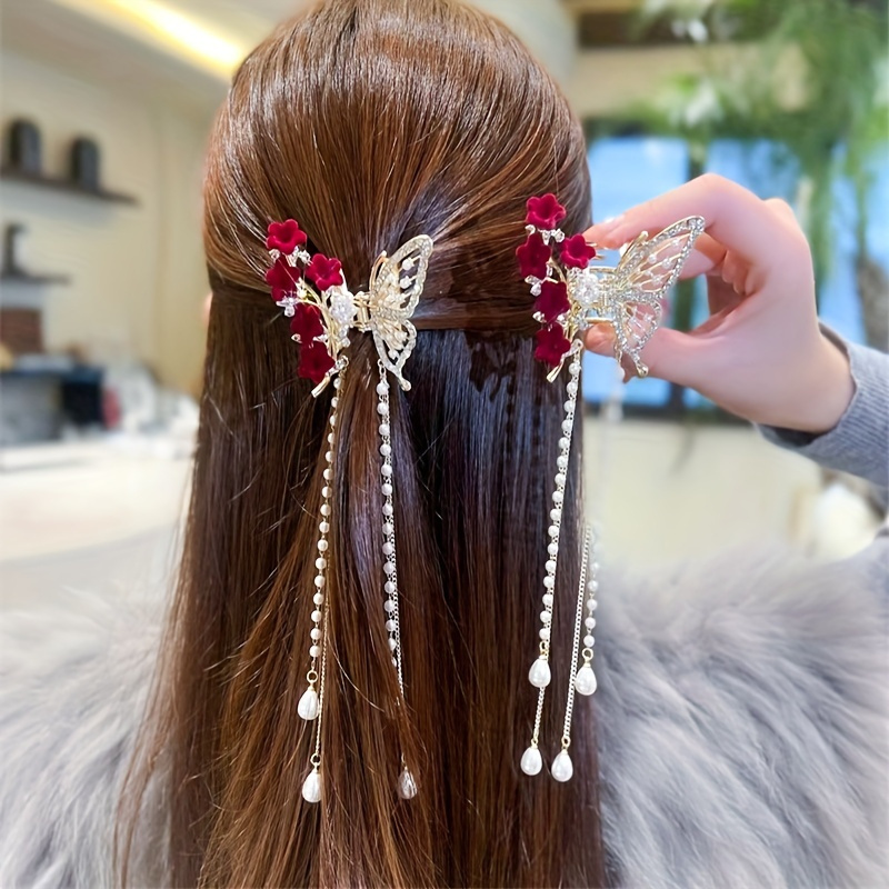 

1pc Rose Flower Faux Pearl Decorative Butterfly Shaped Hair Grab Clip With Tassel Vintage Non Slip Ponytail Holder For Women And Daily Use