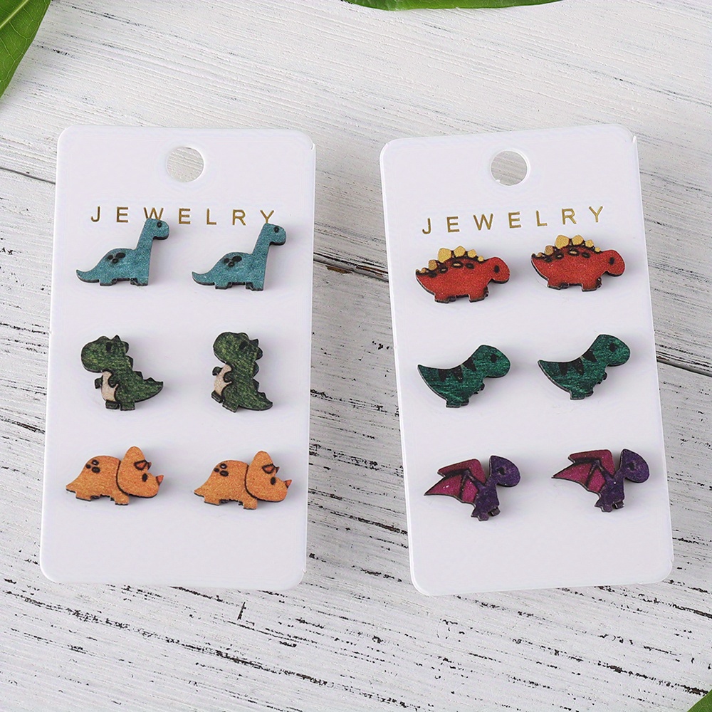

3 Pairs Set Of Tiny Adorable Dinosaur Design Stud Earrings Wooden Jewelry Vintage Simple Style For Women Gift