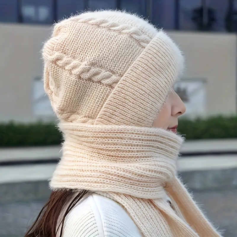 Solid Color Textured Twist Knitted Hat Neck Cover Ear - Temu