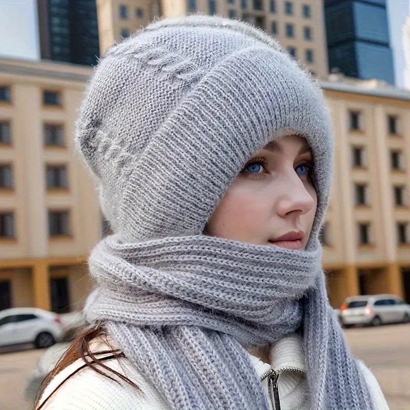 Solid Color Textured Twist Knitted Hat, Neck Cover Ear Protection Winter  Warm One-piece Beanie Hat Scarf