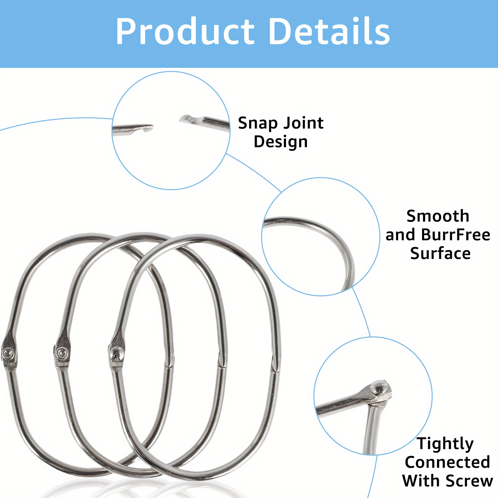 24pcs Shower Curtain Rings, Rust-Resistant Iron, Shower Curtain Hooks,  Black Silver Oval Shower Curtain Rings, Multipurpose Snaps, Shower Curtain