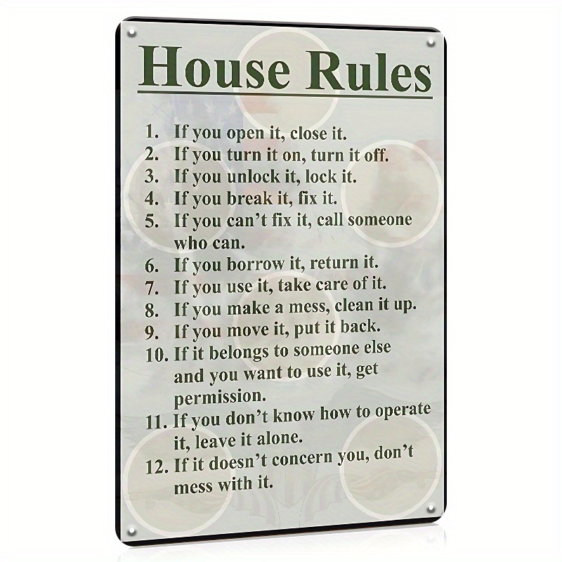 

1pc, House Rules Sign Bar Rules Funny Metal Tin Sign, House Rules Wall Decor Wall Signs Family Rule Plaque Sign Funny Kitchen Wall Decor 8x12inch