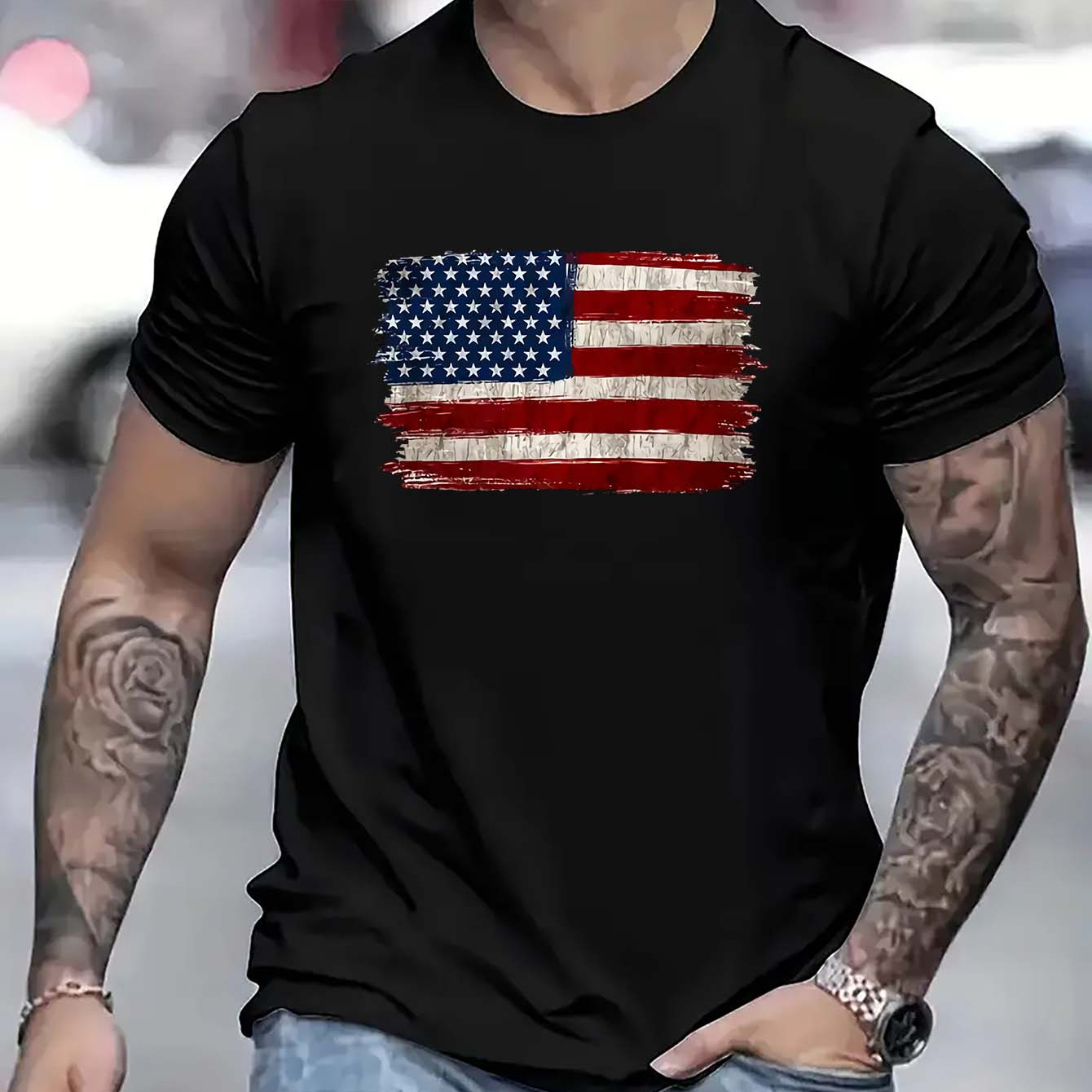 

Us National Flag Graphic Print Crew Neck Active T-shirt For Men, Casual Comfy T-shirts For Summer, Men's Clothing Tops For Daily Gym Workout Running
