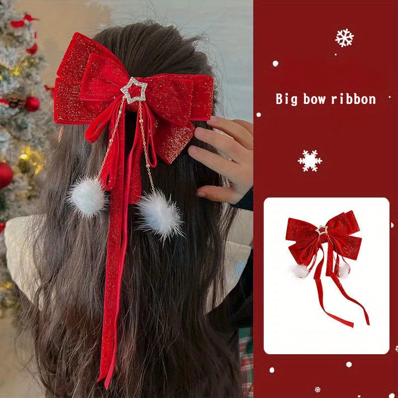 1pc Women's Plush Vintage Red Ribbon Bow Hair Clip For Daily Use