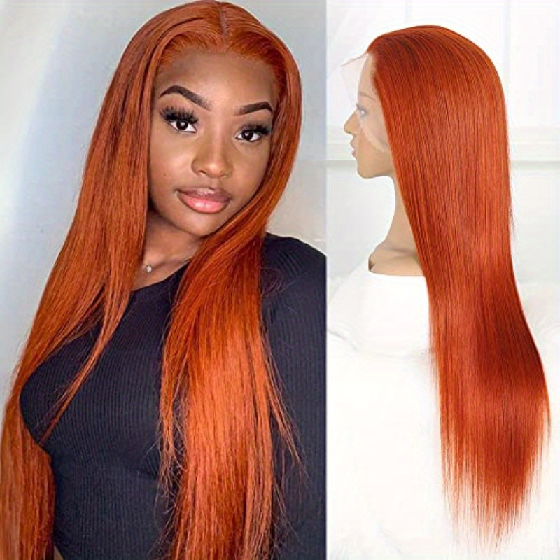 250 Density Orange Color Long 13X4 HD Straight Wig With Bangs For Women Burnt Orange Color Brazilian Human Hair None Lace Front Wigs