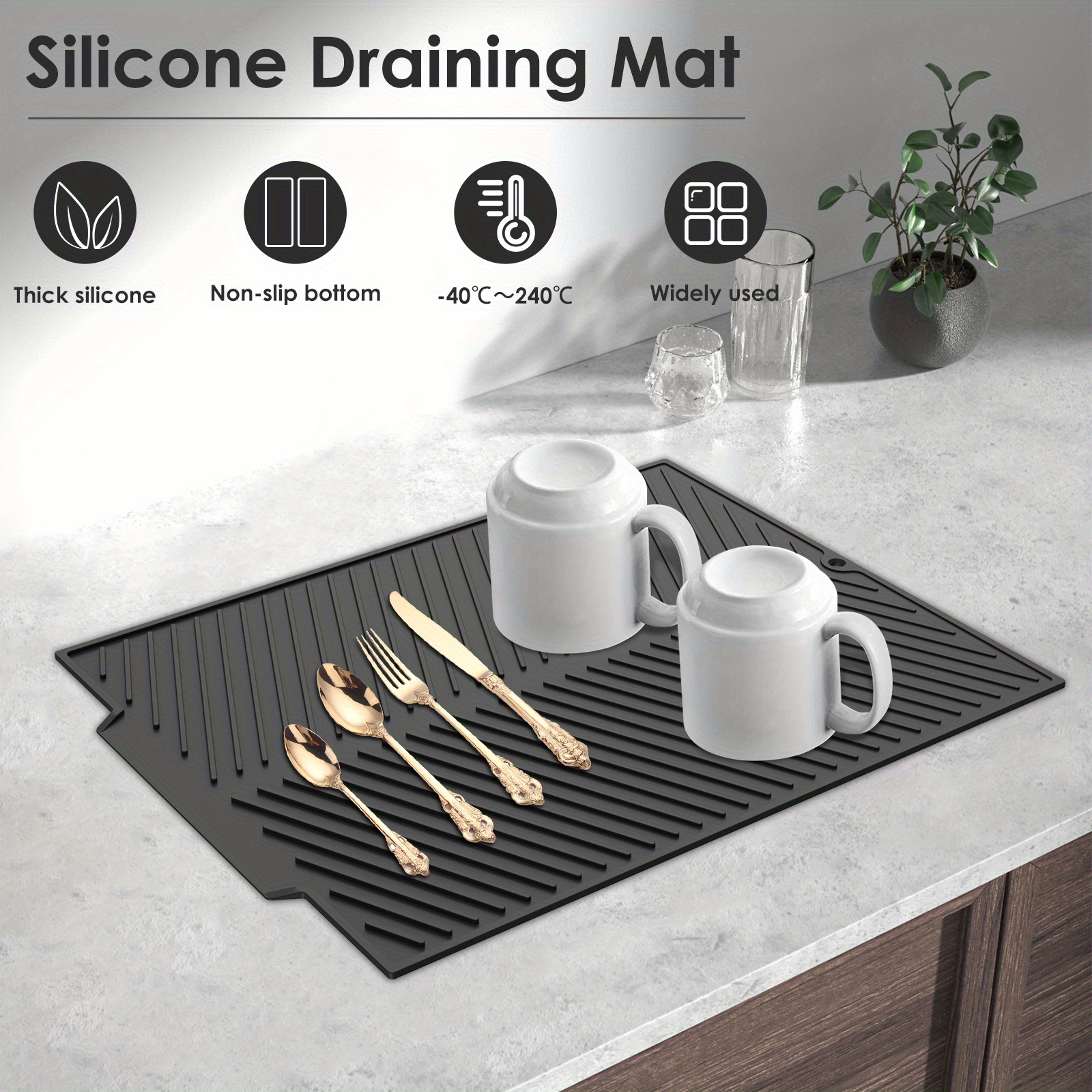 Silicone Dish Drying Mat - 16 x 12 - Flexible Rubber Dish Draining Mat,  Heat Resistant Silicone Trivet, Counter Top Mat, Sink Mat 