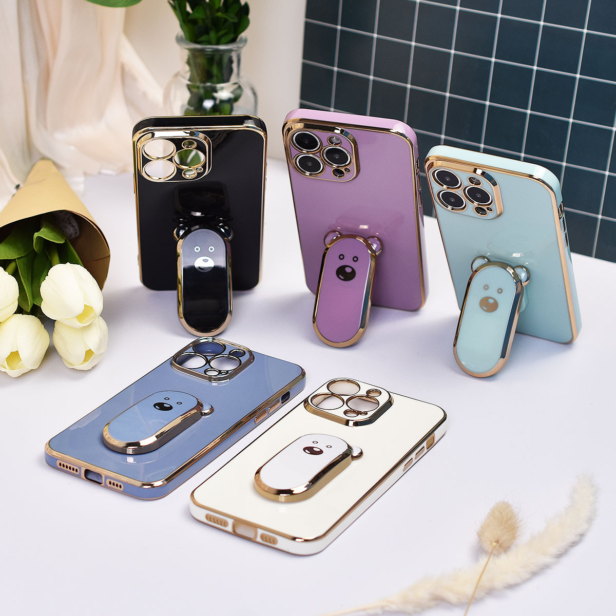 

Plating Phone Case Electroplated Cute Bear Phone Holder Phone Grip Hidden Stand Full Protection Shockproof Case For Men/women For Iphone 11/12/13/14/15 Pro Max, Samsung Galaxy S/a Series