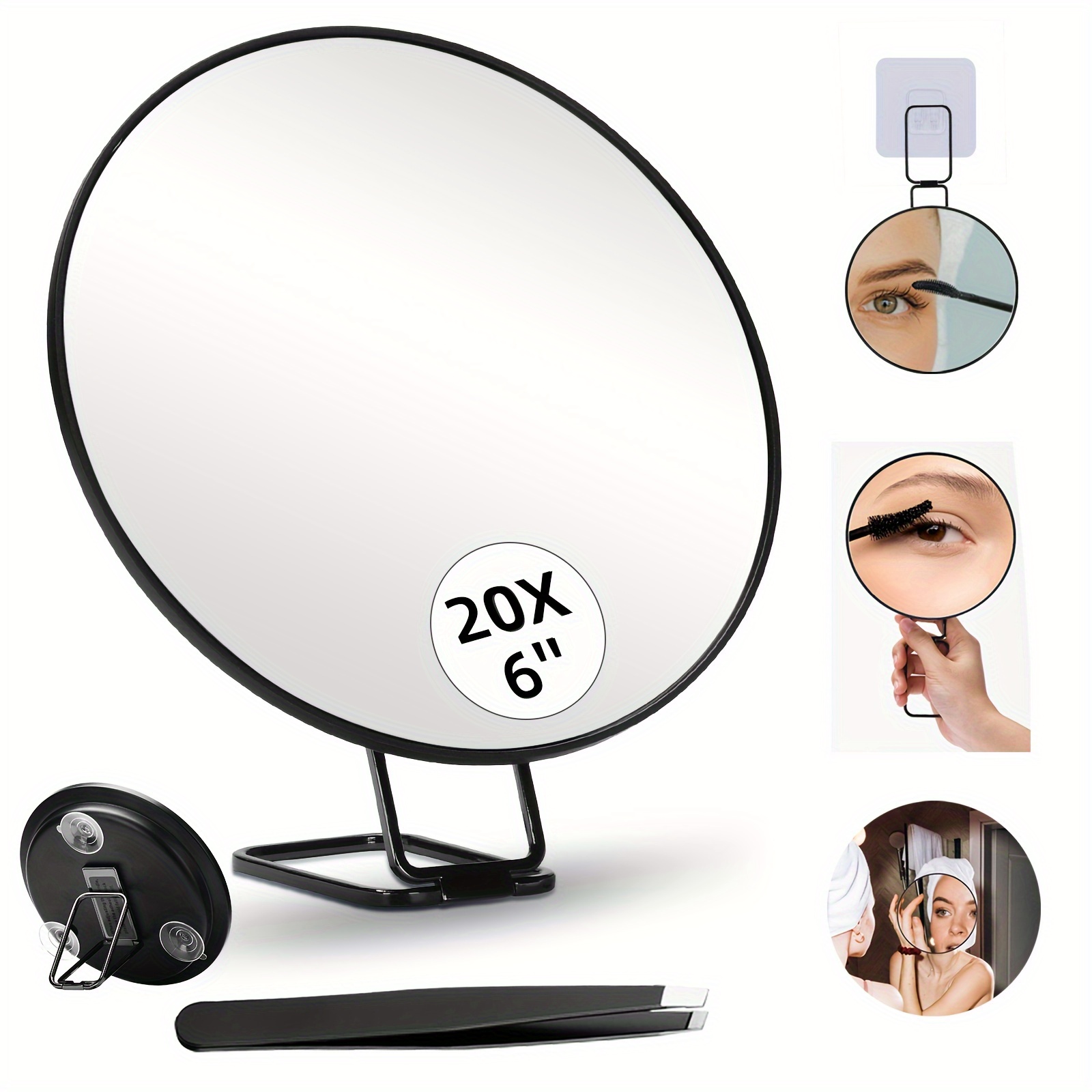 

6-inch Magnifying Makeup Mirror With Tweezer Kit, 20x/10x Magnification Options, 360° Swivel Handle, Suction Cup Mount For Handheld, Tabletop, Wall Use, Portable Mirror Set For Travel & Home