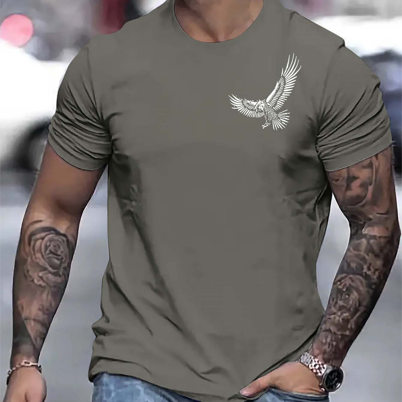 

Eagle Print, Men's Graphic Design Crew Neck Active T-shirt, Casual Comfy Tees Tshirts For Summer, Men's Clothing Tops For Daily Gym Workout Running