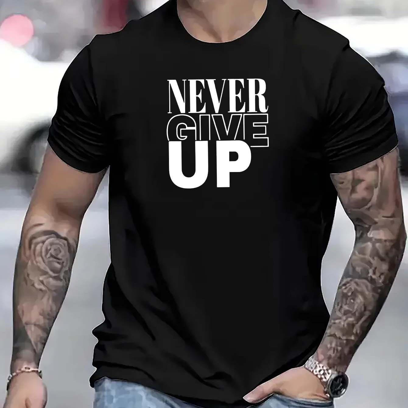

Never Give Up Print, Men's Graphic Design Crew Neck Active T-shirt, Casual Comfy Tees Tshirts For Summer, Men's Clothing Tops For Daily Gym Workout Running