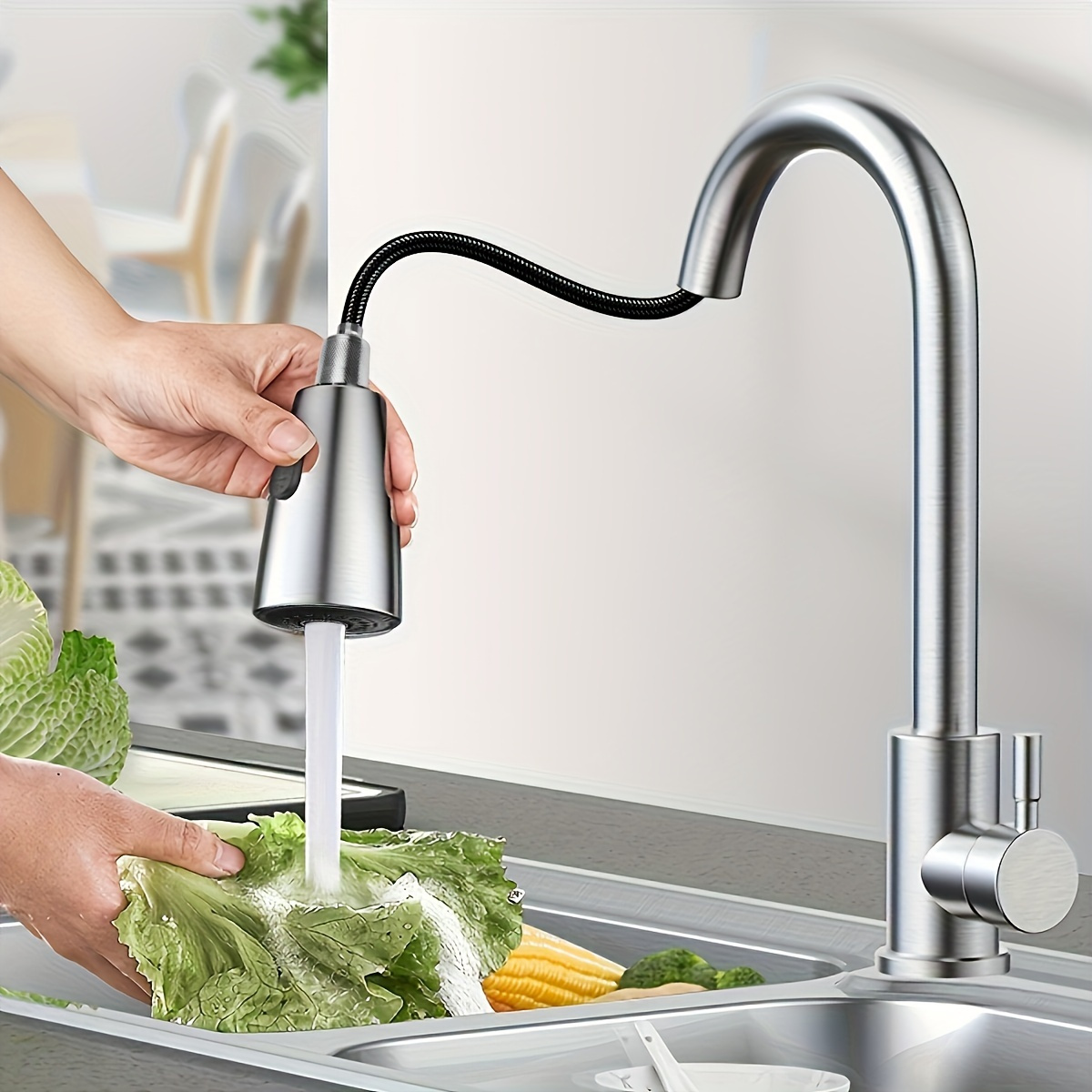 1pc Kitchen Faucet Stainless Steel With Pull Down Sprayer Brushed Nickel  Modern High Arc Single Handle Single Hole Pull Out Kitchen Faucets For  Restau