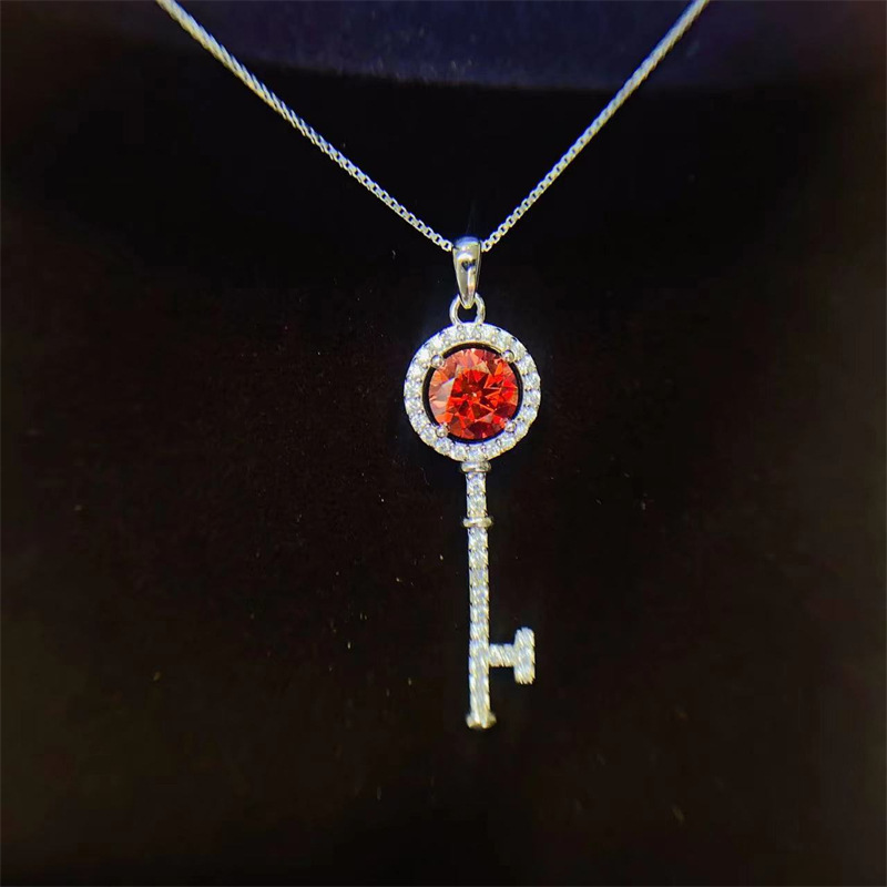 

1pc Stunning 925 Sterling Silver Necklace With A Key-shaped Pendant, 1ct Brilliant Red Moissanite Decor Jewelry, Exquisite Jewelry Gift For Your Loved 1