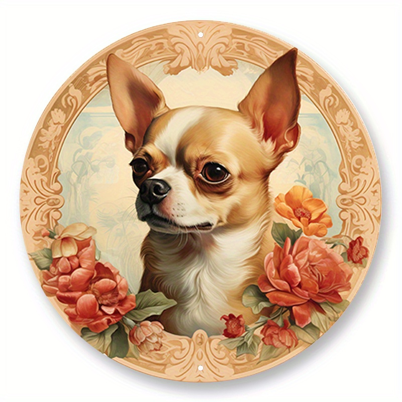 

1pc 8x8inch Aluminum Metal Sign Chihuahua Card, In The Style Of Bowers, Circular Shapes, Framing, Fresco