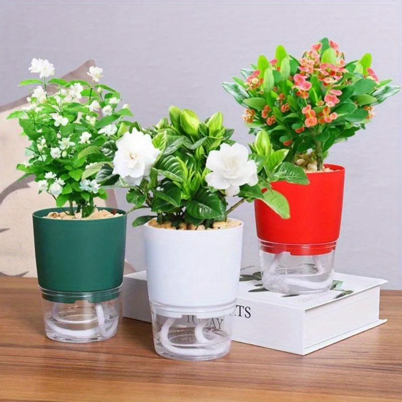 

Pot de Fleurs en Résine Rond à 2 Couches avec Indicateur d'Eau Transparent - Pot de Fleurs Auto-Arrosage , Rouge ou Blanc pour la Décoration de Jardin à