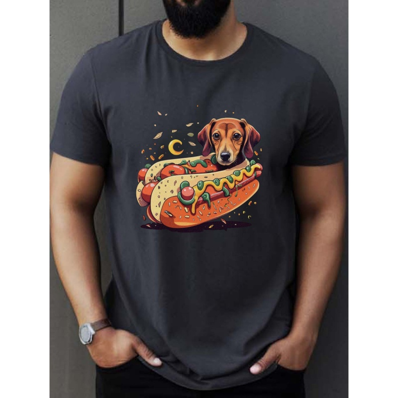 

Dachshund Hot Dog Print T Shirt, Tees For Men, Casual Short Sleeve T-shirt For Summer