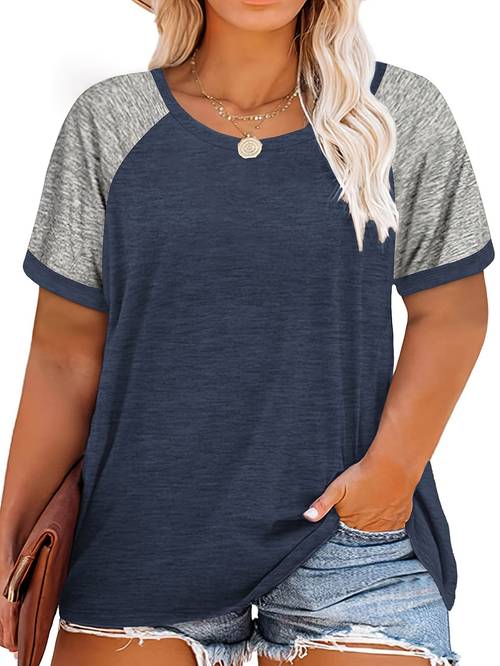 plus size plus size womens summer t shirt color block raglan short sleeve loose fit casual top vibrant pink gray round neck lightweight breathable for spring summer outfits ladies t shirts