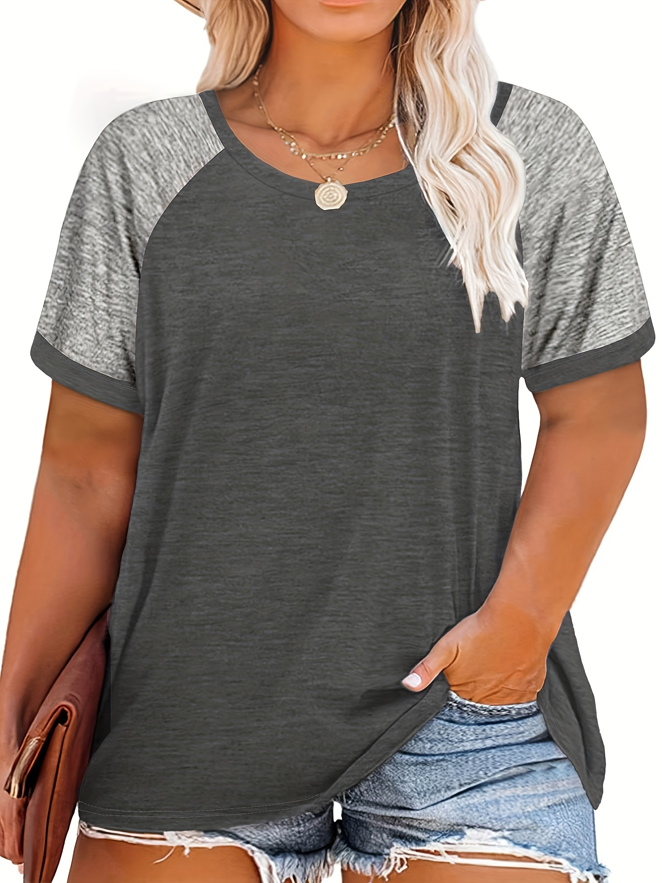 Plus Size - Plus Size Women'S Summer T-Shirt - Color Block Raglan Short Sleeve Loose Fit Casual Top, Vibrant Pink & Gray, Round Neck, Lightweight & Breathable for Spring/Summer Outfits, Ladies T Shirts